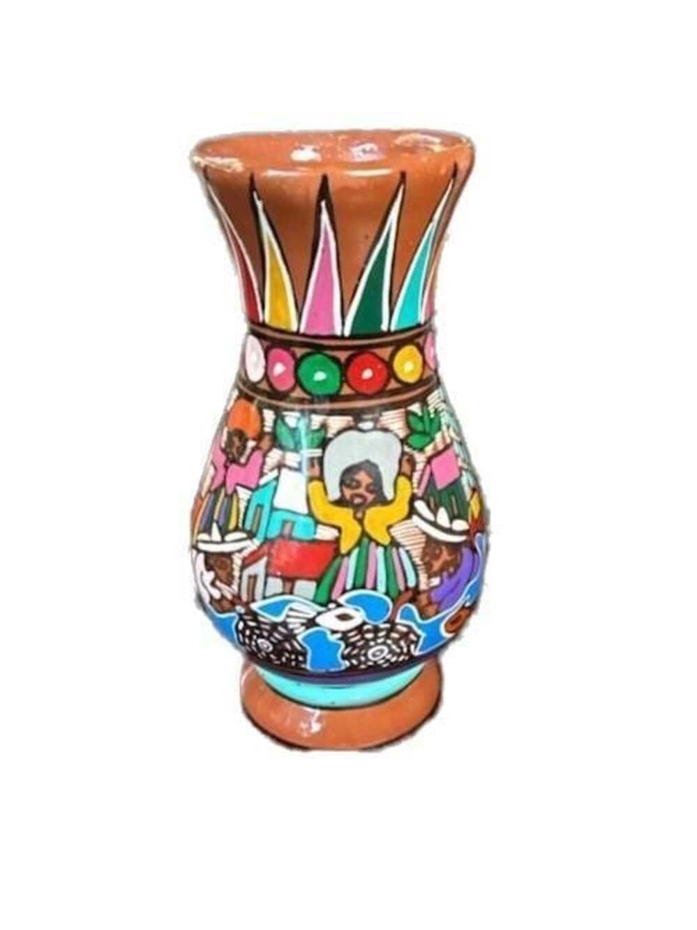 Vintage Hand Painted Mexican Folk Art Terracotta Pottery Storytelling Vase